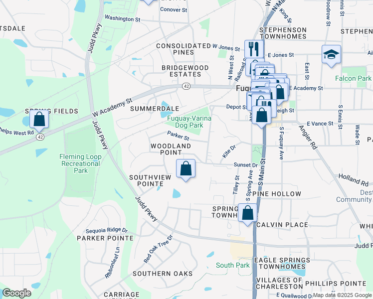 map of restaurants, bars, coffee shops, grocery stores, and more near 620 Sunset Drive in Fuquay-Varina