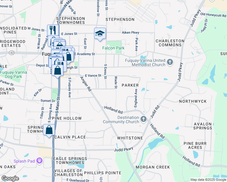 map of restaurants, bars, coffee shops, grocery stores, and more near 512 E Spring St in Fuquay-Varina