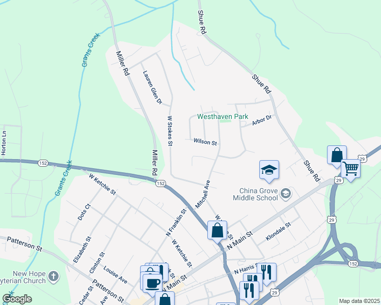 map of restaurants, bars, coffee shops, grocery stores, and more near 414 Cove Lane in China Grove