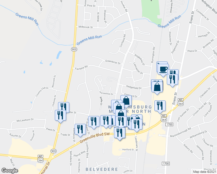 map of restaurants, bars, coffee shops, grocery stores, and more near 107 Paul Circle in Greenville