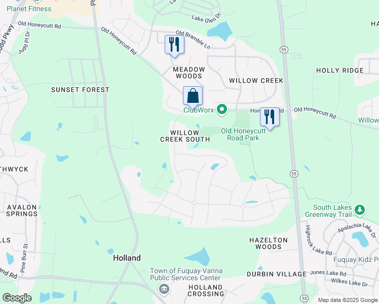 map of restaurants, bars, coffee shops, grocery stores, and more near 1721 Heisser Lane in Fuquay-Varina
