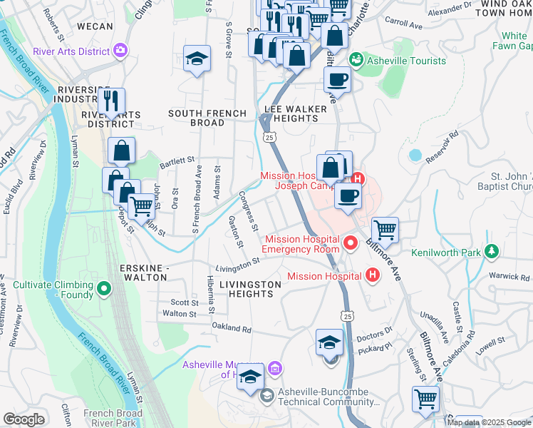 map of restaurants, bars, coffee shops, grocery stores, and more near 20 Pine Grove Avenue in Asheville