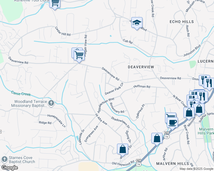 map of restaurants, bars, coffee shops, grocery stores, and more near 71 Deaver Park Circle in Asheville