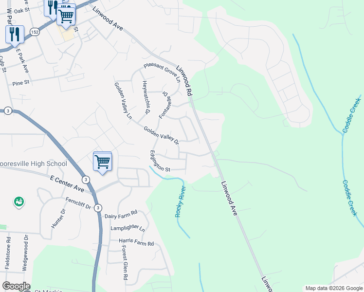 map of restaurants, bars, coffee shops, grocery stores, and more near 116 Wayman Road in Mooresville
