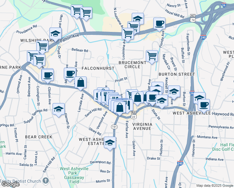 map of restaurants, bars, coffee shops, grocery stores, and more near 53 Herron Avenue in Asheville