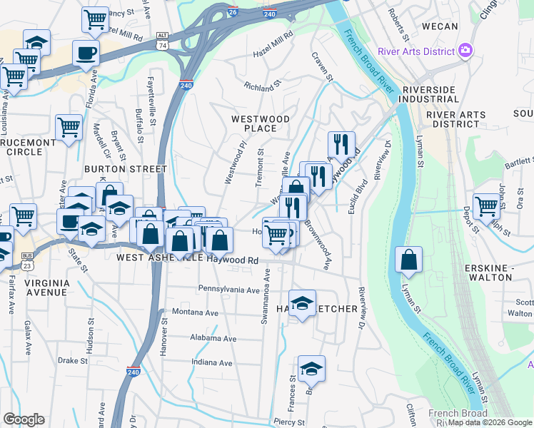 map of restaurants, bars, coffee shops, grocery stores, and more near 220 Waynesville Avenue in Asheville