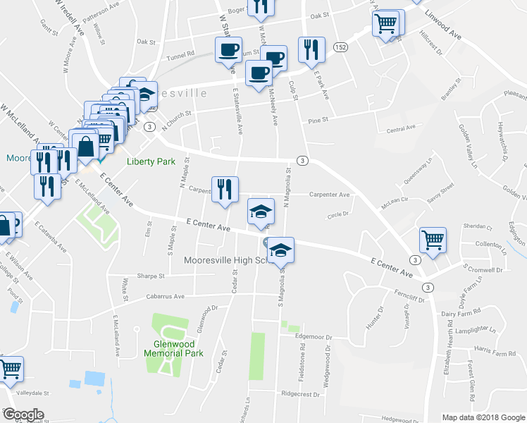 map of restaurants, bars, coffee shops, grocery stores, and more near 134 Rankin Street in Mooresville