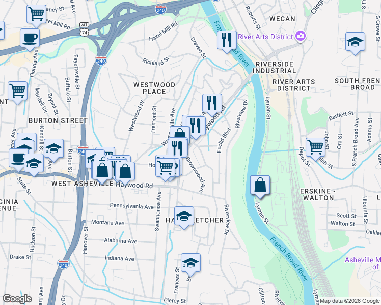 map of restaurants, bars, coffee shops, grocery stores, and more near 50 Brownwood Avenue in Asheville