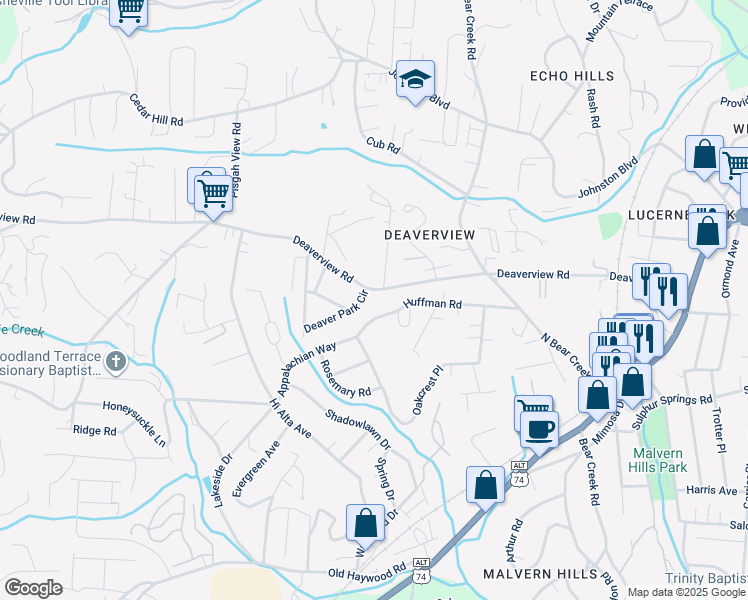 map of restaurants, bars, coffee shops, grocery stores, and more near 342 Deaverview Road in Asheville