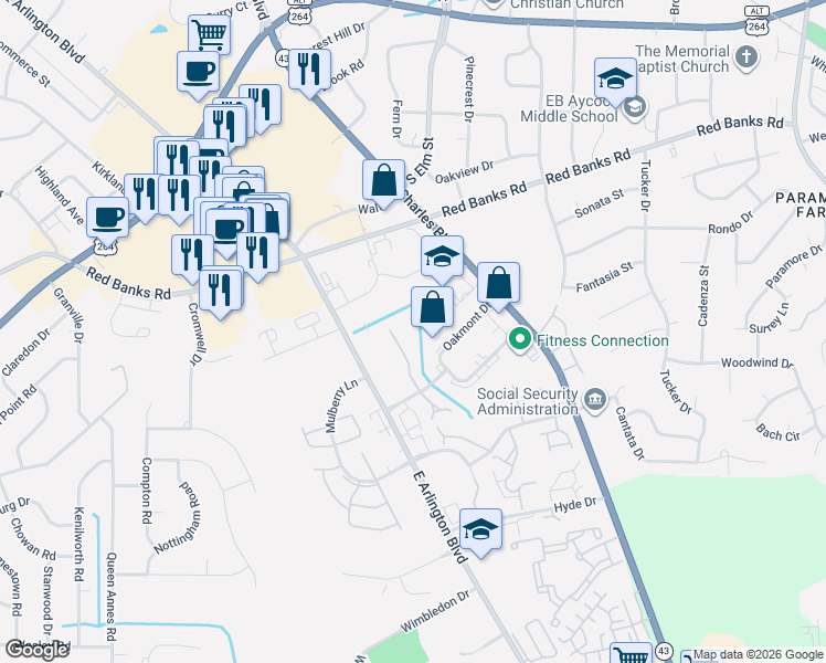 map of restaurants, bars, coffee shops, grocery stores, and more near 1115 Turtle Creek Road in Greenville