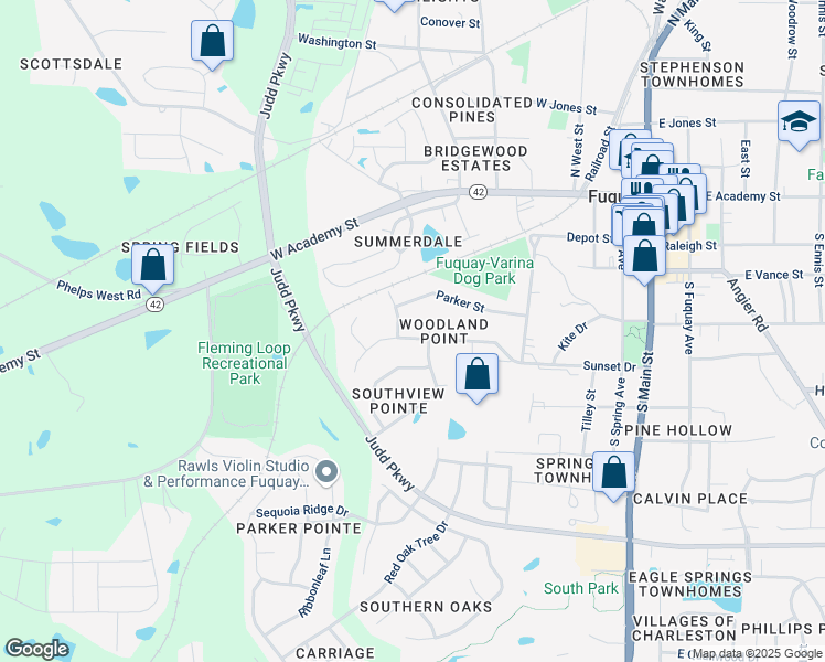 map of restaurants, bars, coffee shops, grocery stores, and more near 804 Sunset Drive in Fuquay Varina