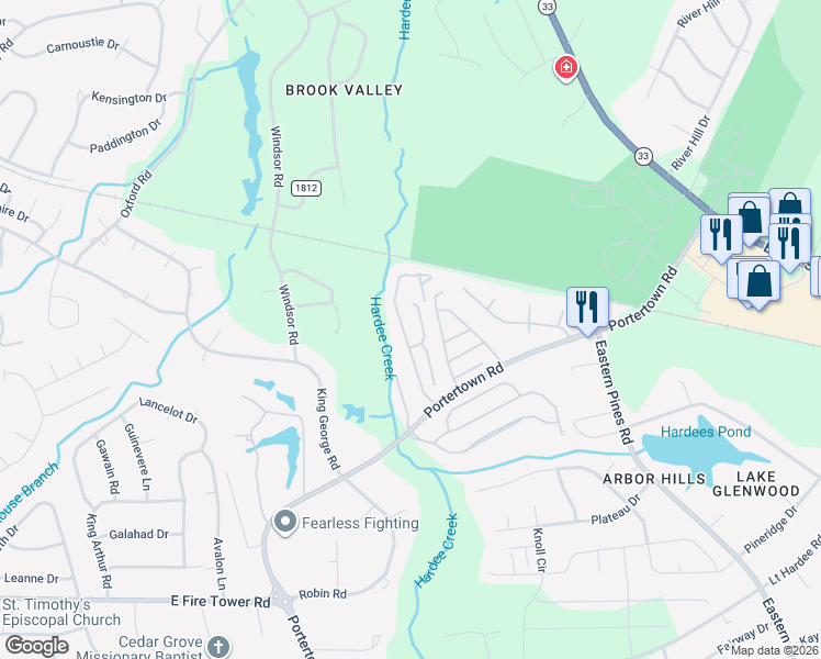 map of restaurants, bars, coffee shops, grocery stores, and more near 4153 Brook Creek Lane in Greenville