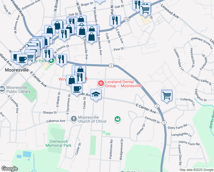 map of restaurants, bars, coffee shops, grocery stores, and more near 137 N Magnolia St in Mooresville