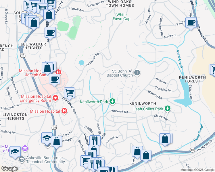 map of restaurants, bars, coffee shops, grocery stores, and more near 33 Thurland Avenue in Asheville