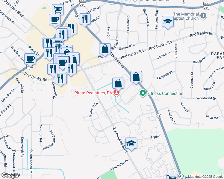 map of restaurants, bars, coffee shops, grocery stores, and more near 1131 Turtle Creek Road in Greenville