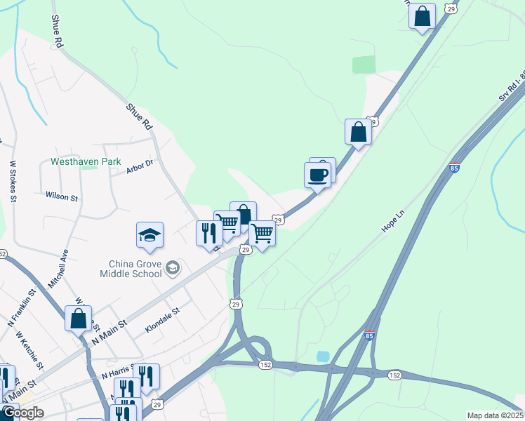map of restaurants, bars, coffee shops, grocery stores, and more near 1425 North Main Street in China Grove