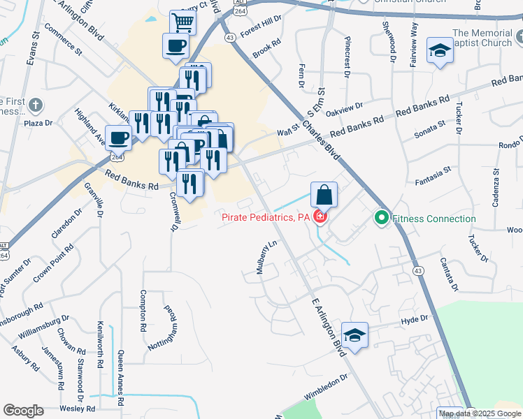 map of restaurants, bars, coffee shops, grocery stores, and more near 11 Merry Lane in Greenville