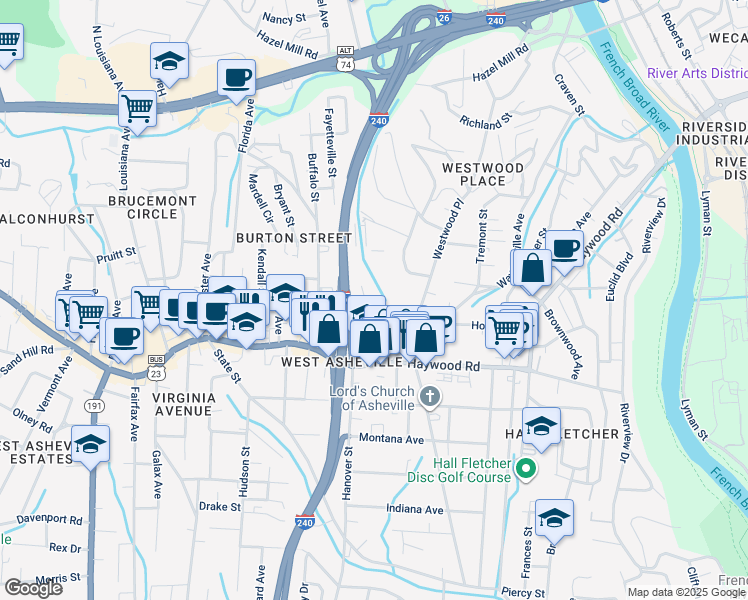 map of restaurants, bars, coffee shops, grocery stores, and more near 55 Argyle Lane in Asheville