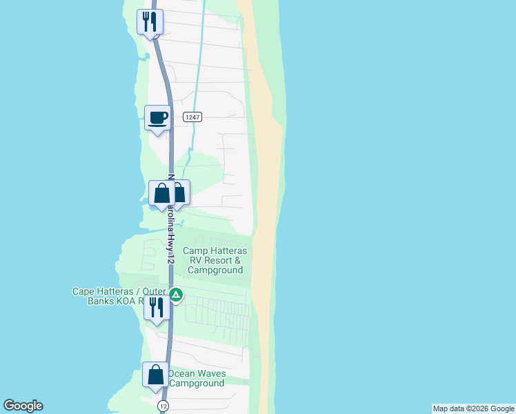 map of restaurants, bars, coffee shops, grocery stores, and more near 24255 South Shore Drive in Dare County