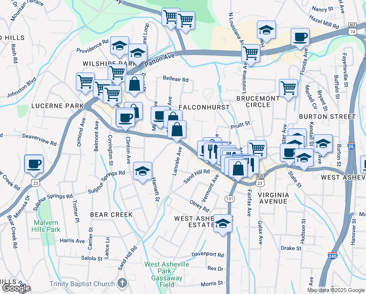 map of restaurants, bars, coffee shops, grocery stores, and more near 864 Haywood Rd in Asheville
