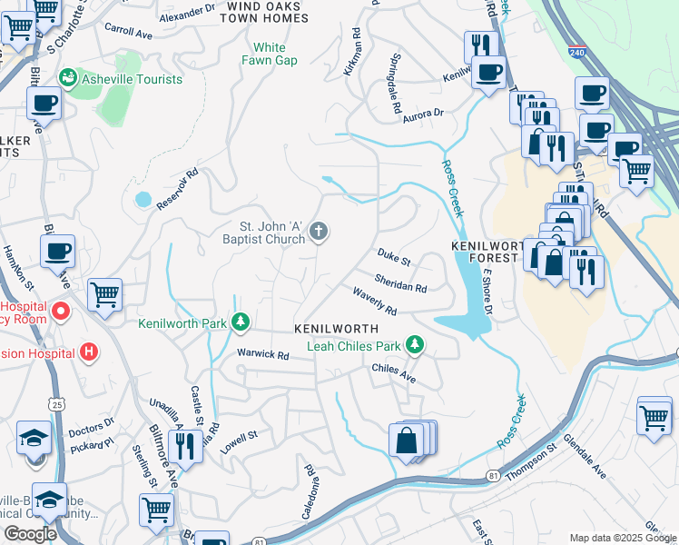 map of restaurants, bars, coffee shops, grocery stores, and more near 252 Kenilworth Road in Asheville