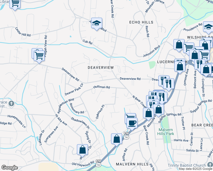 map of restaurants, bars, coffee shops, grocery stores, and more near 31 Huffman Road in Asheville