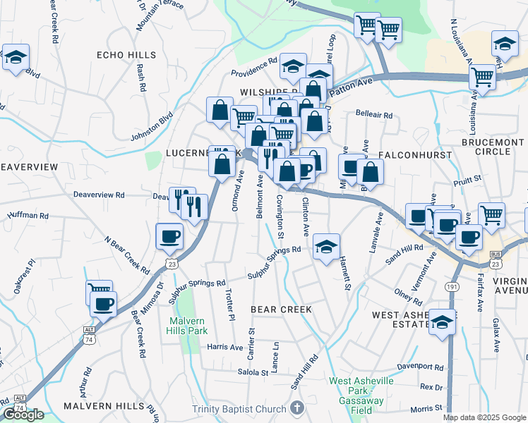 map of restaurants, bars, coffee shops, grocery stores, and more near 62 Belmont Avenue in Asheville