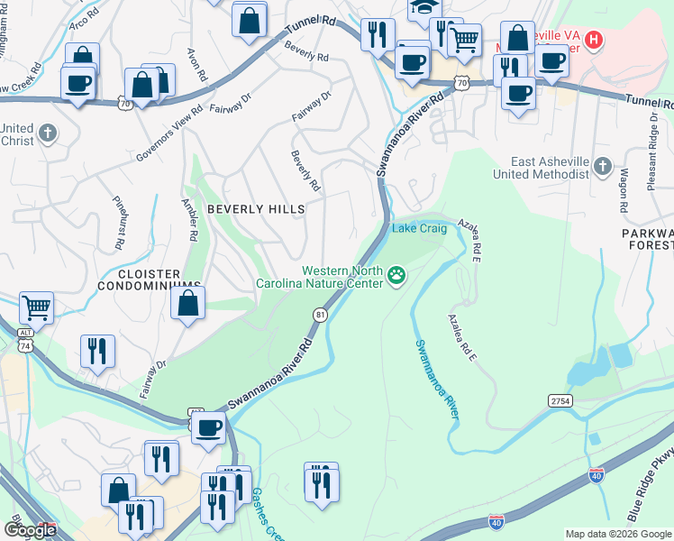 map of restaurants, bars, coffee shops, grocery stores, and more near 90 Kensington Drive in Asheville