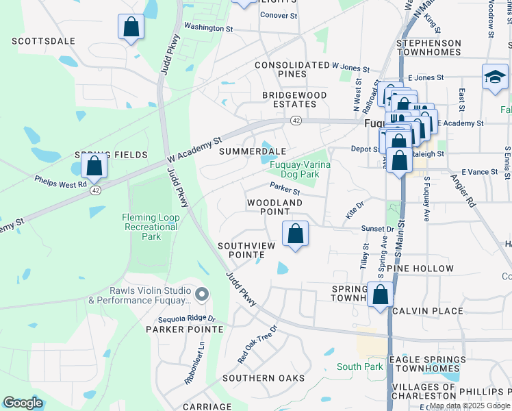 map of restaurants, bars, coffee shops, grocery stores, and more near 804 Sunset Drive in Fuquay Varina