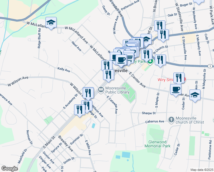 map of restaurants, bars, coffee shops, grocery stores, and more near 124 East Catawba Avenue in Mooresville