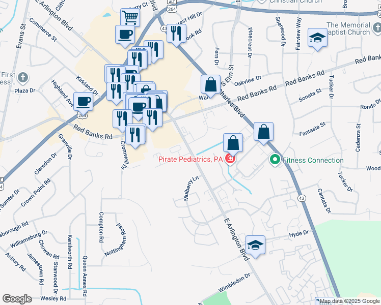 map of restaurants, bars, coffee shops, grocery stores, and more near 6 Merry Lane in Greenville