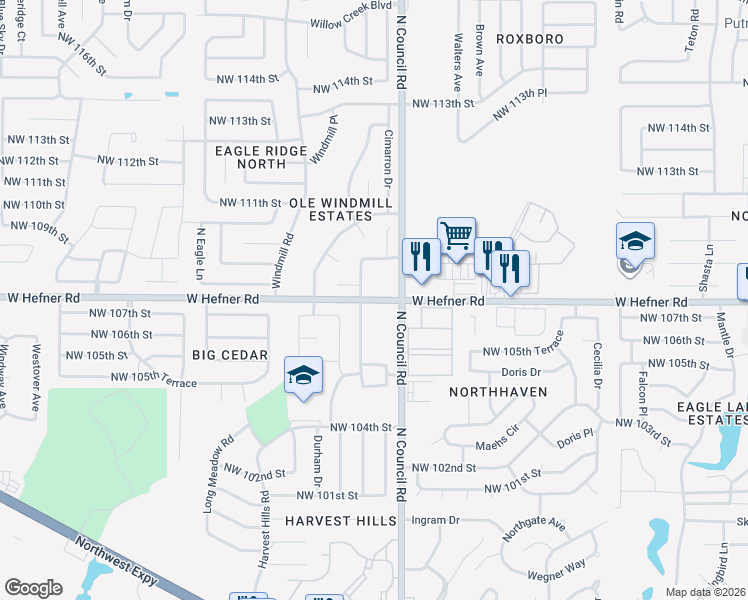 map of restaurants, bars, coffee shops, grocery stores, and more near 8302 West Hefner Road in Oklahoma City