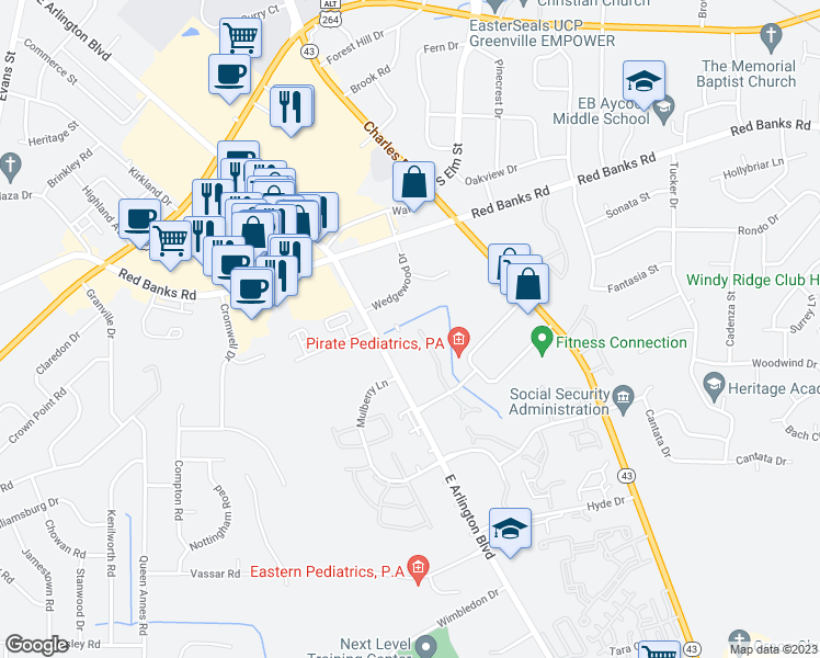 map of restaurants, bars, coffee shops, grocery stores, and more near 1121 Turtle Creek Drive in Greenville