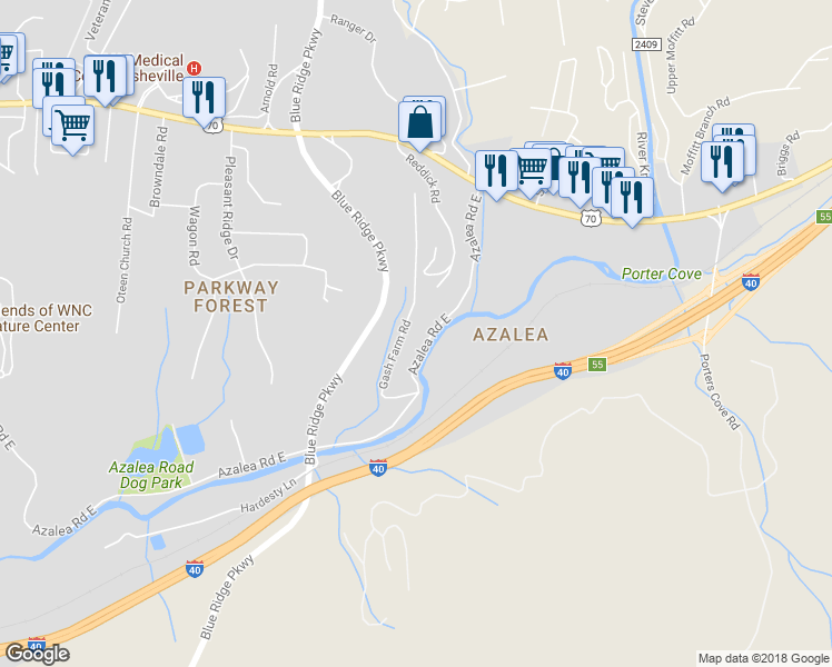 map of restaurants, bars, coffee shops, grocery stores, and more near 49 Gash Farm Road in Asheville