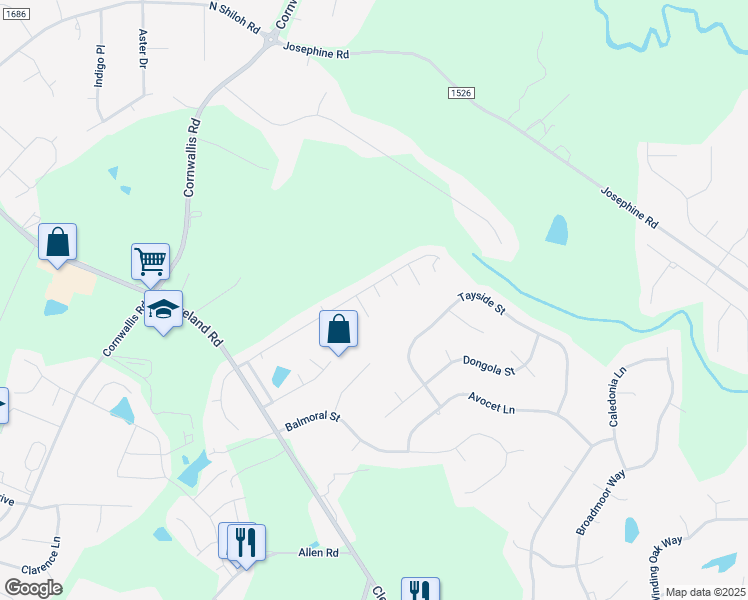 map of restaurants, bars, coffee shops, grocery stores, and more near 110 Piccadilly Court in Clayton