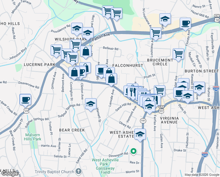 map of restaurants, bars, coffee shops, grocery stores, and more near 864 Haywood Road in Asheville