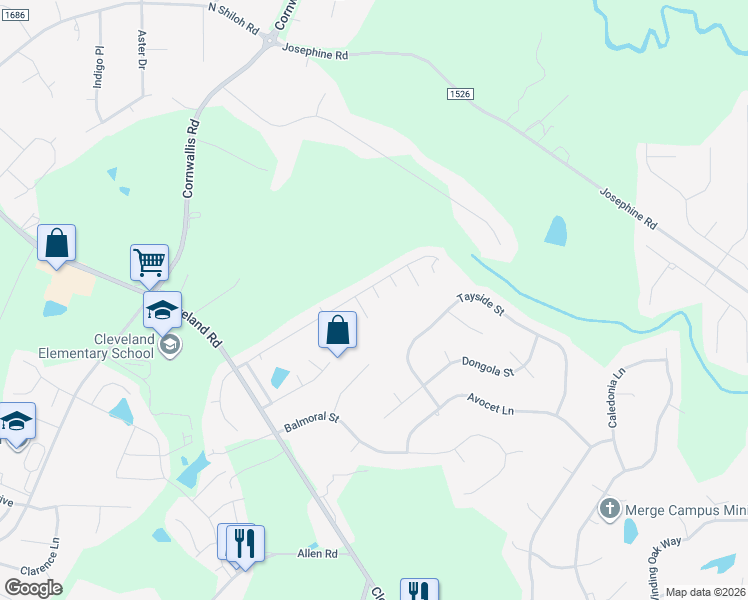 map of restaurants, bars, coffee shops, grocery stores, and more near 110 Piccadilly Court in Clayton