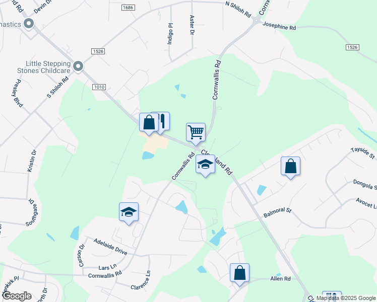 map of restaurants, bars, coffee shops, grocery stores, and more near 2597 Cornwallis Road in Garner