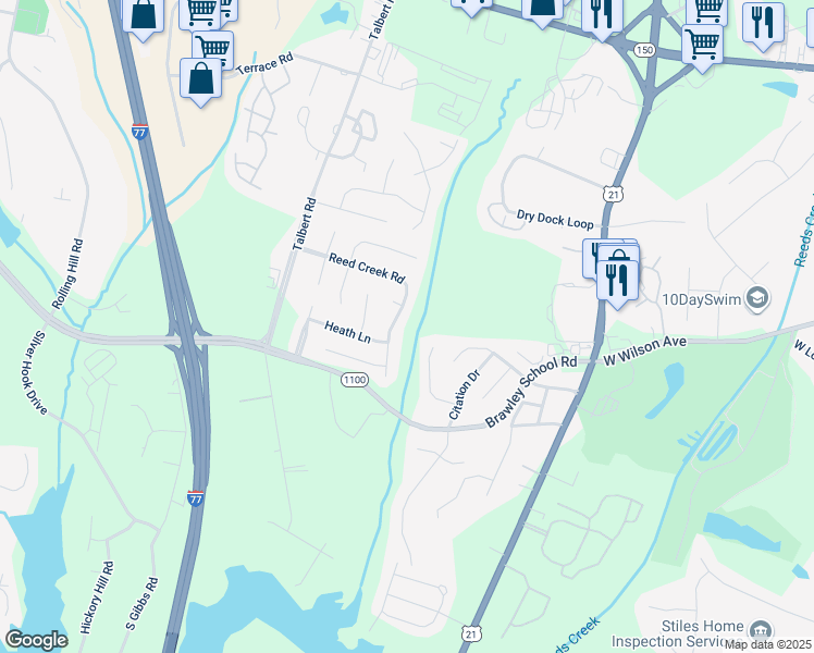 map of restaurants, bars, coffee shops, grocery stores, and more near 420 Reed Creek Road in Mooresville