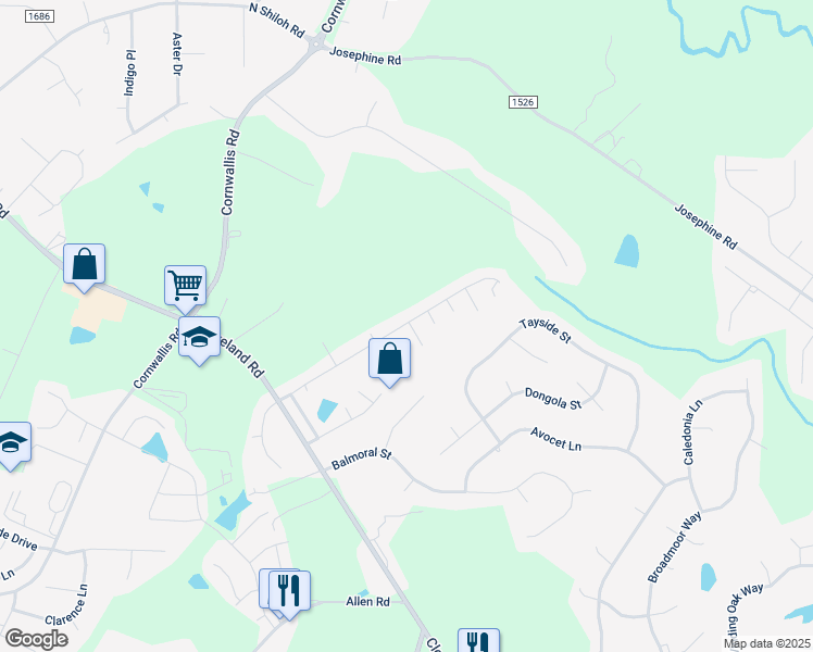 map of restaurants, bars, coffee shops, grocery stores, and more near 107 Blackthorne Court in Clayton