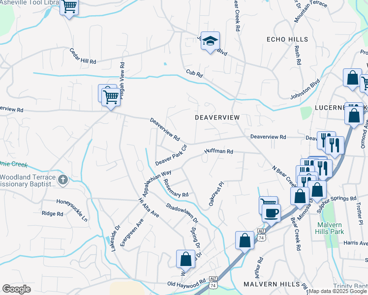 map of restaurants, bars, coffee shops, grocery stores, and more near 342 Deaverview Road in Asheville