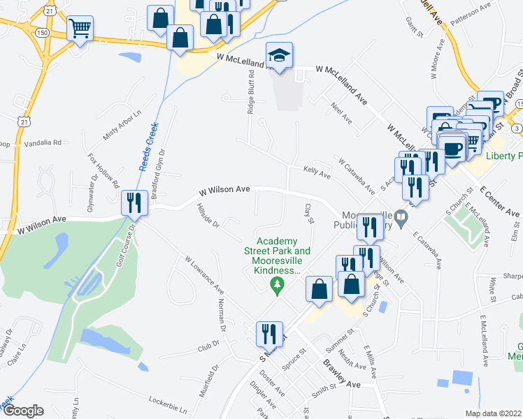 map of restaurants, bars, coffee shops, grocery stores, and more near 424 Ogburn Street in Mooresville