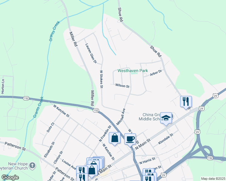 map of restaurants, bars, coffee shops, grocery stores, and more near 414 Cove Lane in China Grove