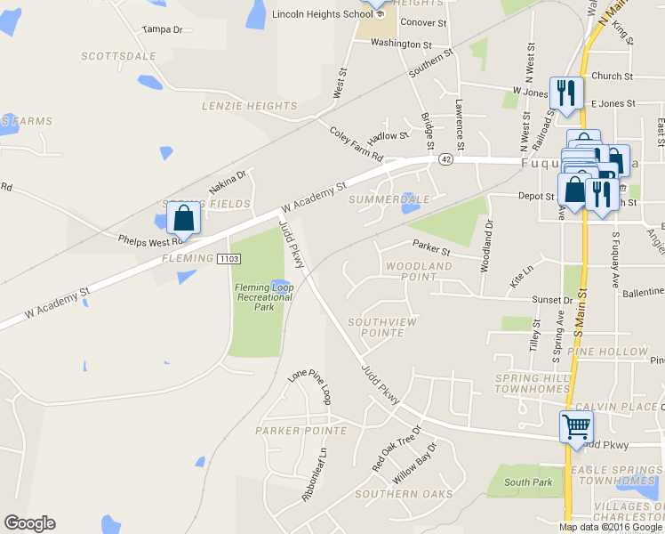 map of restaurants, bars, coffee shops, grocery stores, and more near 612 Moon Shadow Court in Fuquay Varina