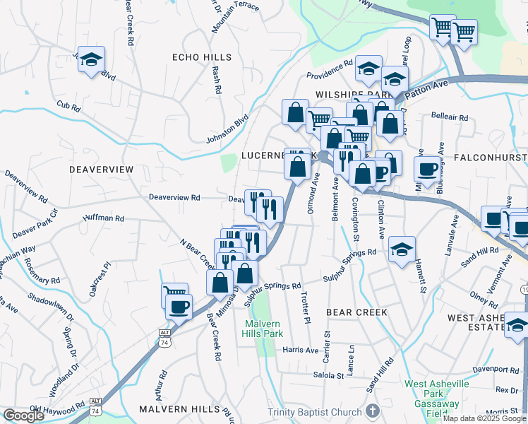 map of restaurants, bars, coffee shops, grocery stores, and more near 28 Deaverview Road in Asheville