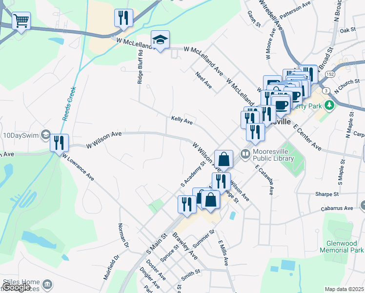 map of restaurants, bars, coffee shops, grocery stores, and more near 410 Clay Street in Mooresville