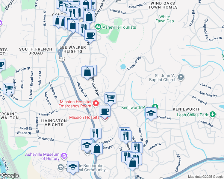 map of restaurants, bars, coffee shops, grocery stores, and more near 9 Buchanan Road in Asheville