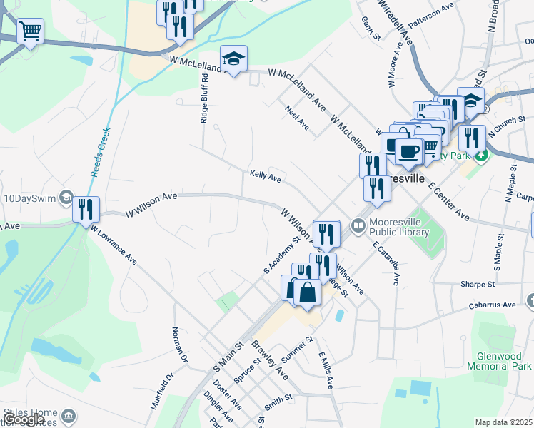 map of restaurants, bars, coffee shops, grocery stores, and more near 410 Clay Street in Mooresville