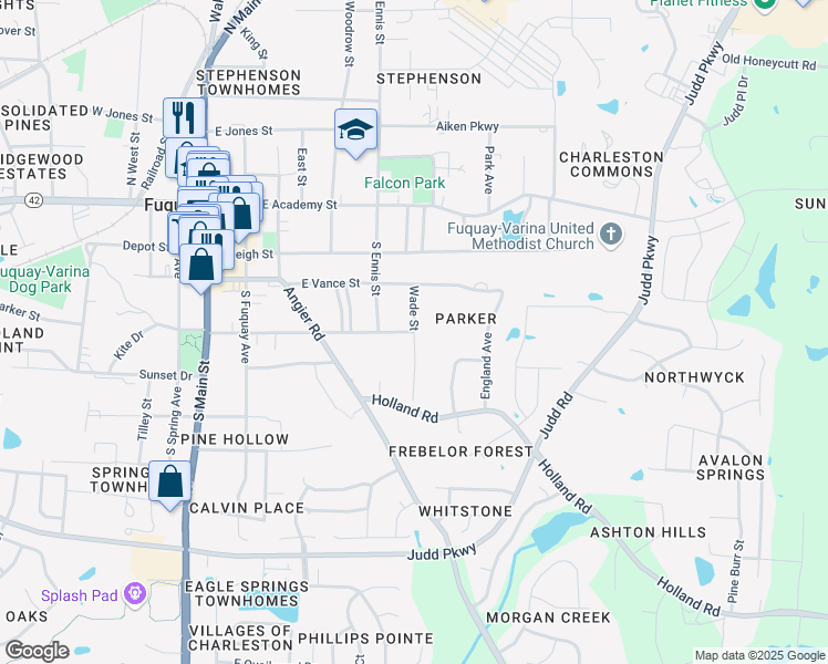 map of restaurants, bars, coffee shops, grocery stores, and more near 606 East Spring Street in Fuquay Varina