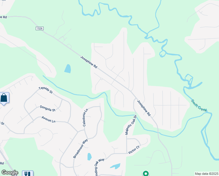 map of restaurants, bars, coffee shops, grocery stores, and more near Oak Branch Trail in Johnston County